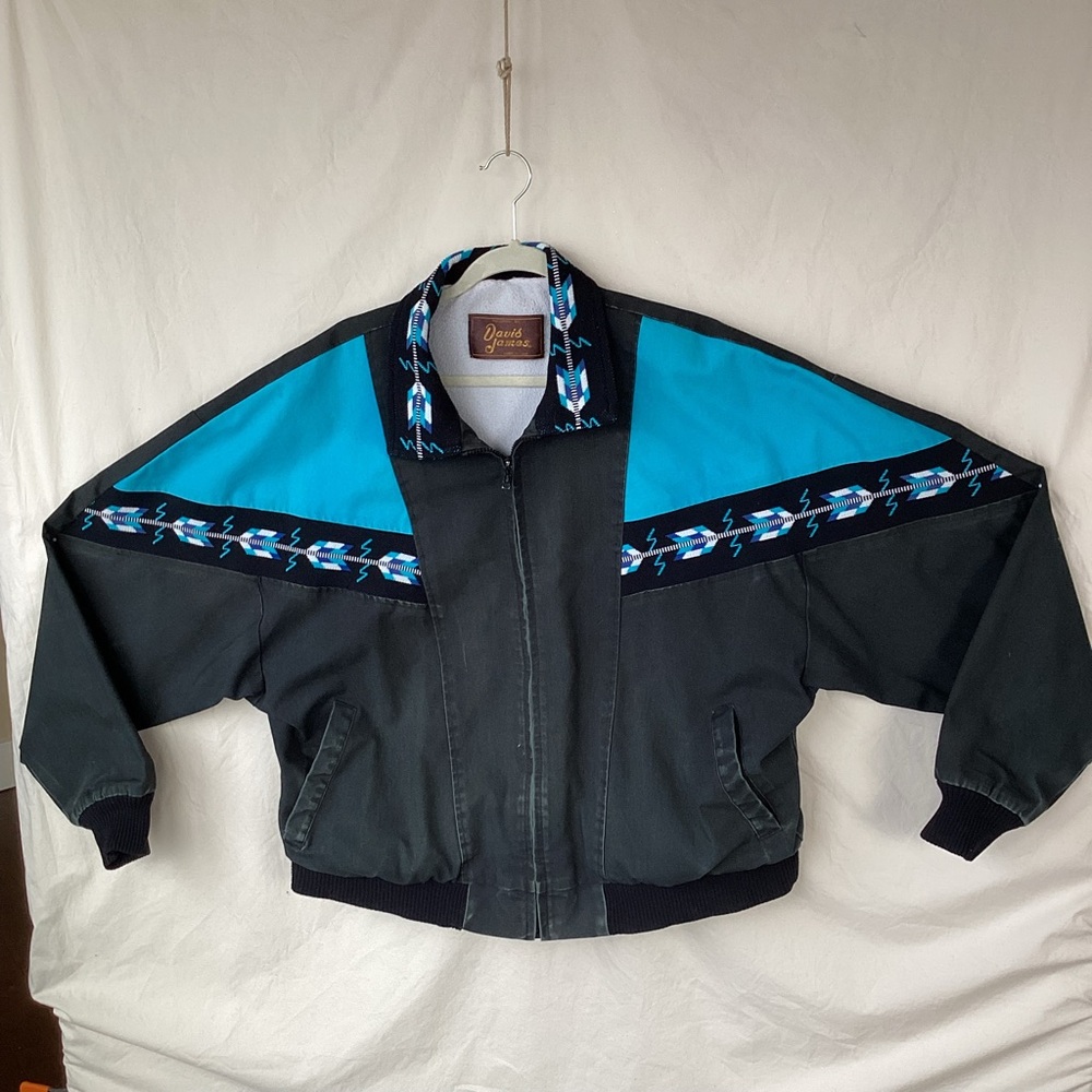 Vintage David James southwestern Aztec design canvas bomber jacket made in USA